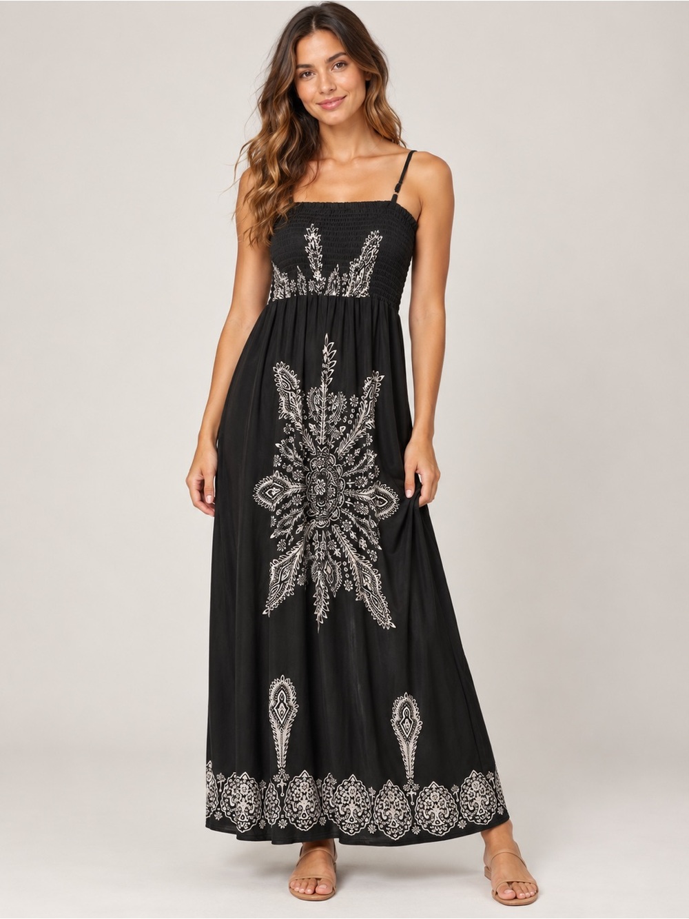 CristineLove Women’s M Black White Paisley Smocked Boho Maxi Dress